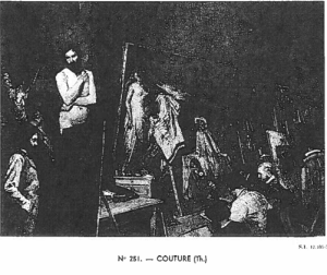 A black-and-white photograph of a painting of an artist's studio filled with men painting a nude male model